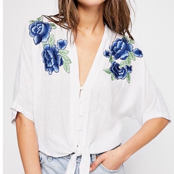 Rails Tops - Rails Thea Blue Rose Embroidery linen top